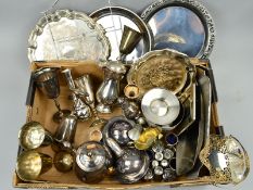 A BOX OF SILVER PLATE, including goblets, salvers, stainless steel trays, etc