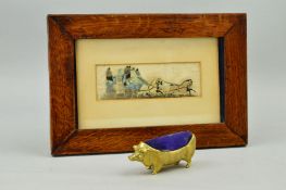 A BRASS 'PIG' PIN CUSHION, together with a framed Stevengraph of coach and horses (2)