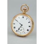 AN EARLY 20TH CENTURY 9CT GOLD OPEN FACE POCKET WATCH, the white dial with Roman numerals and a