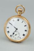 AN EARLY 20TH CENTURY 9CT GOLD OPEN FACE POCKET WATCH, the white dial with Roman numerals and a