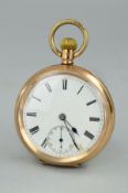 AN EDWARDIAN 9CT GOLD OPEN FACE POCKET WATCH, the white dial with Roman numerals and a subsidary