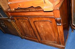 A VICTORIAN FLAME MAHOGANY TWO DOOR CHIFFIONER BASE, with a single long drawer (sd) and a painted