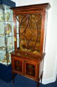 AN EDWARDIAN MAHOGANY, SATINWOOD INLAID AND PAINTED FLORAL DETAIL ASTRAGAL GLAZED SINGLE DOOR