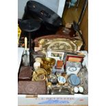 TWO BOXES OF SILVER PLATE, assorted wooden and bakelite boxes, trays, Victorian tin hat box, etc