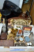 TWO BOXES OF SILVER PLATE, assorted wooden and bakelite boxes, trays, Victorian tin hat box, etc