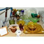 A COLLECTION OF 19TH AND 20TH CENTURY COLOURED AND CLEAR GLASSWARE, including Isle of Wight scent