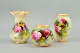 THREE SMALL ROYAL WORCESTER VASES, decorated with roses, G161, G461 and No 2492, height of tallest