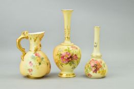THREE PIECES ROYAL WORCESTER BLUSH IVORY, all florally decorated, a gilt coral handled jug, No 1507,