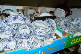 TWO BOXES OF JOHNSON BROS 'INDIES' PATTERN BLUE AND WHITE DINNER WARES, three boxes of kitchen