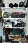 SIX BOXES AND LOOSE TOYS AND TECHNOLOGY ITEMS, including Scalextric track, Apple keyboards and Ipad,