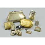 AN EDWARDIAN PLATED PURSE ON CHAIN, plated and brass purses, boxes, pill box, etc (9)