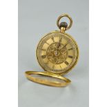 AN EARLY 20TH CENTURY 18CT GOLD POCKET WATCH, the fancy dial with Roman numerals, with engraved
