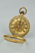 AN EARLY 20TH CENTURY 18CT GOLD POCKET WATCH, the fancy dial with Roman numerals, with engraved