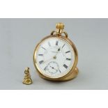 A GOLD PLATED POCKET WATCH AND A GOLD PLATED SMALL SEAL FOB, signed 'Watch & Chronometer