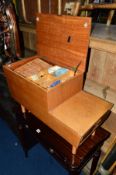 A 1960'S/70'S TEAK STEPPED SEWING BOX, with a hinged top and two drawers containing sewing