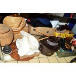 A QUANTITY OF SUNDRY ITEMS, to include teddy bears, hats, wicker baskets, child's vintage