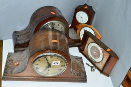 TWO OAK CASED DOME TOP MANTEL CLOCKS, together with three other mantel clocks including an Edwardian