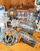 THREE GLASS SHIPS IN BOTTLES, another glass ship in a display case, a glass hot air balloon model
