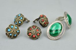 THREE PAIRS OF EARRINGS, the first a pair of oval malachite cabochons with a plain surround, stamped