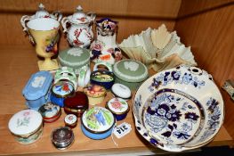 A GROUP OF CERAMICS, ENAMEL BOXES, etc, to include crummels enamels, Aynsley 'Orchard Gold', a