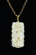 A CARVED MOTHER OF PEARL PENDANT AND 9CT GOLD CHAIN, the rectangular pendant carved to depict