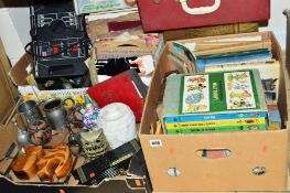 THREE BOXES AND LOOSE SUNDRIES, PICTURES, etc, including books, records, metalwares, brass log