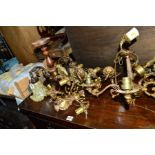 A PAIR OF BRASS CEILING LIGHTS, five matching wall lights, another ceiling light complete with