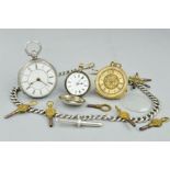 THREE POCKET WATCHES, AN ALBERT CHAIN AND WATCH KEYS, the first a late Victorian silver open face