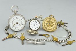 THREE POCKET WATCHES, AN ALBERT CHAIN AND WATCH KEYS, the first a late Victorian silver open face