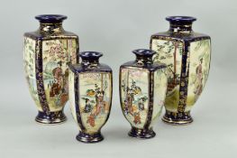 TWO PAIRS OF JAPANESE SQUARE SHAPED VASES, both depicting panels of figures and landscape,