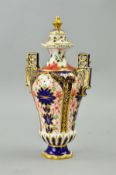 A ROYAL CROWN DERBY IMARI TWIN HANDLED COVERED VASE, No 876, approximate height 20cm (lid glued to