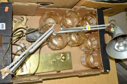 A BOX OF SUNDRIES, to include glass shades, brass Lockerbie & Wilkinson Ltd toilet lock, an