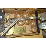 A BOX OF SUNDRIES, to include glass shades, brass Lockerbie & Wilkinson Ltd toilet lock, an