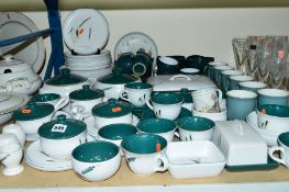 A DENBY 'GREENWHEAT' DINNER/BREAKFAST SERVICE, and other Denby mugs, cups and saucers, etc s.d (over