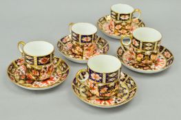 FIVE VARIOUS ROYAL CROWN DERBY IMARI COFFEE CUPS AND SAUCERS, '2451' pattern, different back stamps