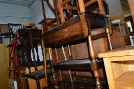 AN OAK NEST OF THREE TABLES, an oak tea trolley, four various occasional tables, two stools, rocking