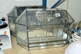 TWO LEADED AND MIRRORED GLASS DISPLAY CASES, height 44cm (2)