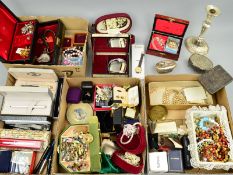 FOUR BOXES OF COSTUME JEWELLERY AND PENS, to include a Miracle brooch, aJacobite brooch, a