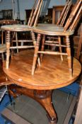 A VICTORIAN WALNUT CIRCULAR TOPPED BREAKFAST TABLE, together with a set of four circular seated