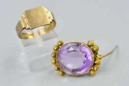 A 9CT GOLD RING AND AN EARLY 19TH CENTURY GOLD AMETHYST BROOCH, the signet ring with stepped