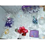 A COLLECTION OF ASSORTED COLOURED AND CLEAR GLASSWARE, including boxed Stuart and Royal Doulton,