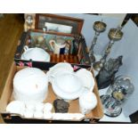 TWO BOXES AND LOOSE SUNDRY ITEMS, including Wedgwood Country ware, two glass decanters, inlaid