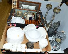TWO BOXES AND LOOSE SUNDRY ITEMS, including Wedgwood Country ware, two glass decanters, inlaid
