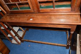 A 20TH CENTURY OAK HALL TABLE, on a stretcher base