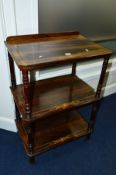 A VICTORIAN ROSEWOOD AND INLAID THREE TIER WHAT NOT, with turned uprights, on ceramic casters,