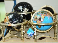 THREE MODERN 'GEMSTONE' EFFECT TABLE TOP GLOBES IN A BRASS GIMBAL FRAME, and another similar of 'The