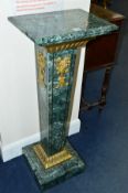 A GREEN VEINED MARBLE AND GILT METAL TORCHERE STAND, on square tapering legs