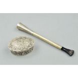 A SILVER CIGARETTE HOLDER AND A SNUFF BOX, the cigarette holder with banded detail, hallmarked