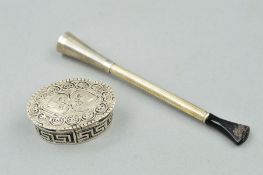 A SILVER CIGARETTE HOLDER AND A SNUFF BOX, the cigarette holder with banded detail, hallmarked