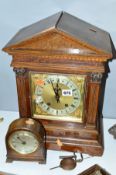 A LATE VICTORIAN OAK CASED BRACKET CLOCK, of architectural form, brass and silvered dial, Roman